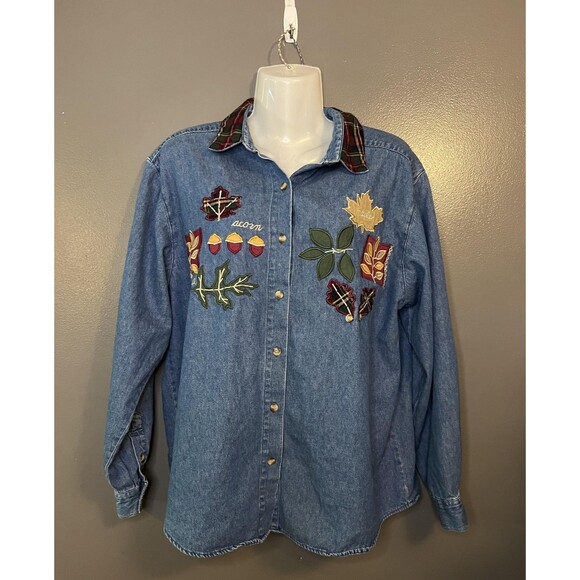 Vintage Talbots Shirt Womens Medium Denim Button Down Fall Leaves Applique 90s - Picture 1 of 8